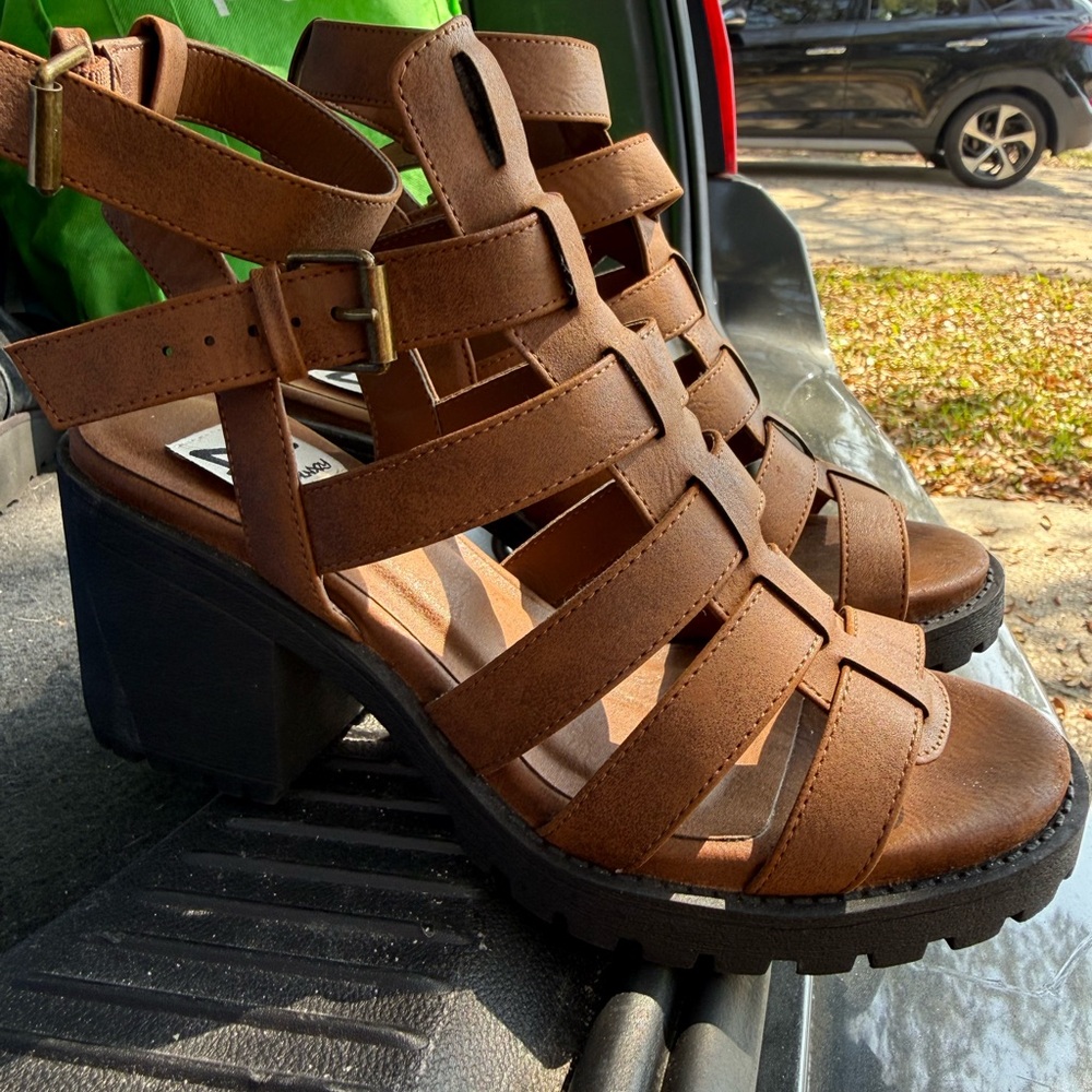 Brown Strappy Block Heel Sandals - Women. Dirty laundry brand